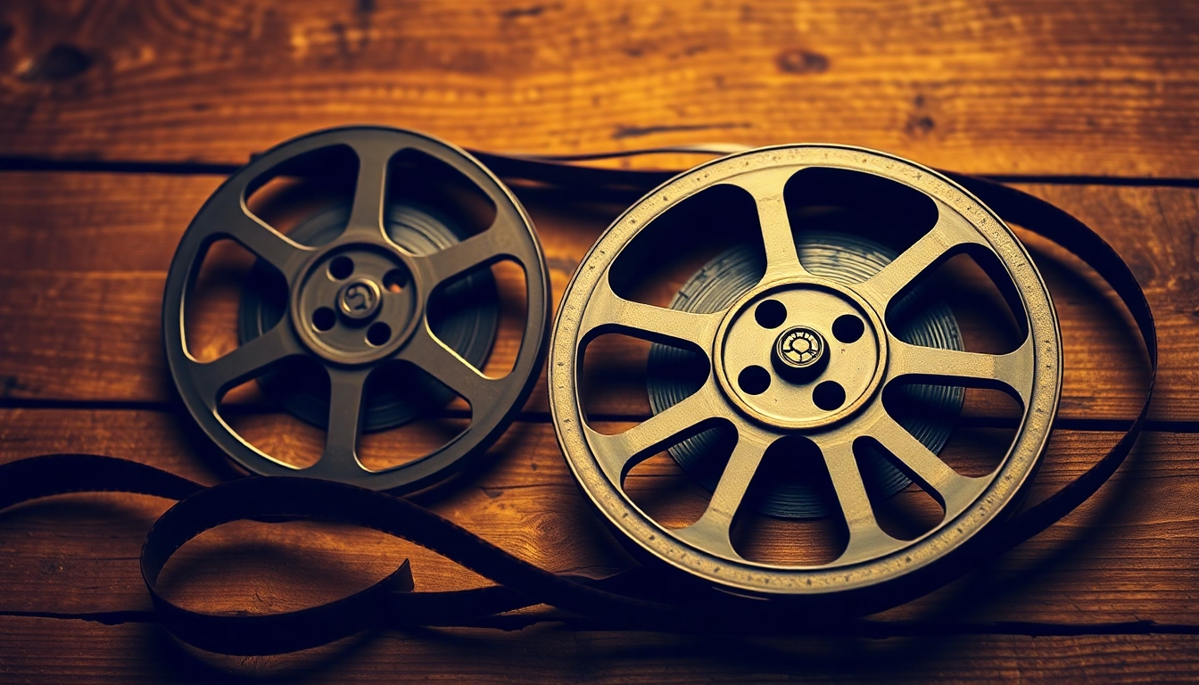 Showcasing a vintage film reel representing public domain films on a rustic background.