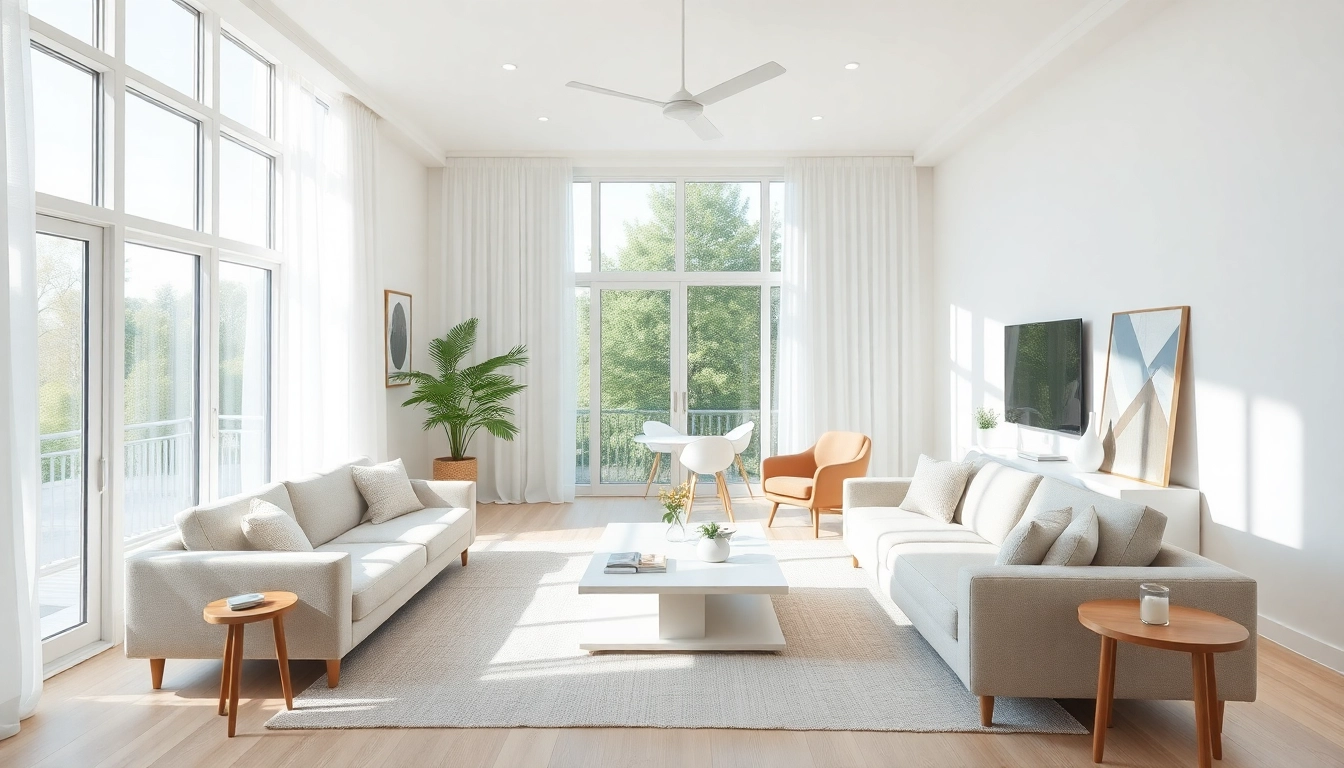 Brightly designed entire interior of a living room featuring modern furniture and pastel colors for a cozy atmosphere.