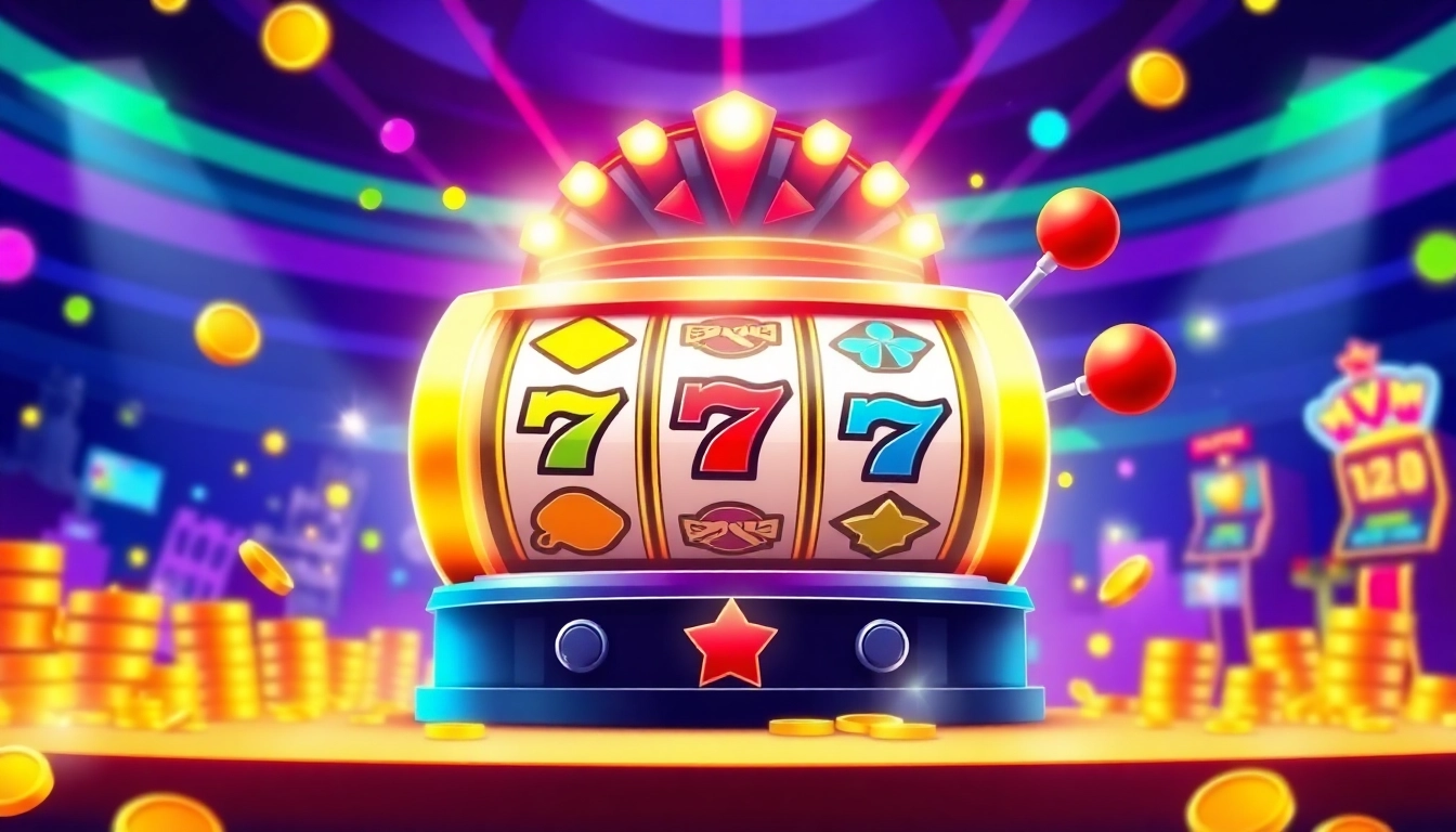 Engage with thrilling slot online games on a colorful slot machine set in a lively casino.