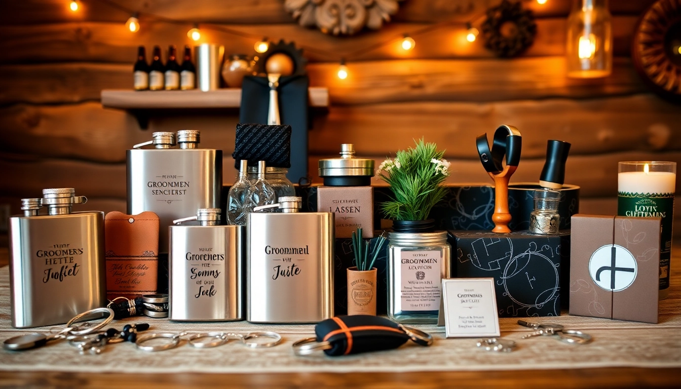 Showcase cheap groomsmen gifts including personalized flasks and keychains, perfect for wedding celebrations.