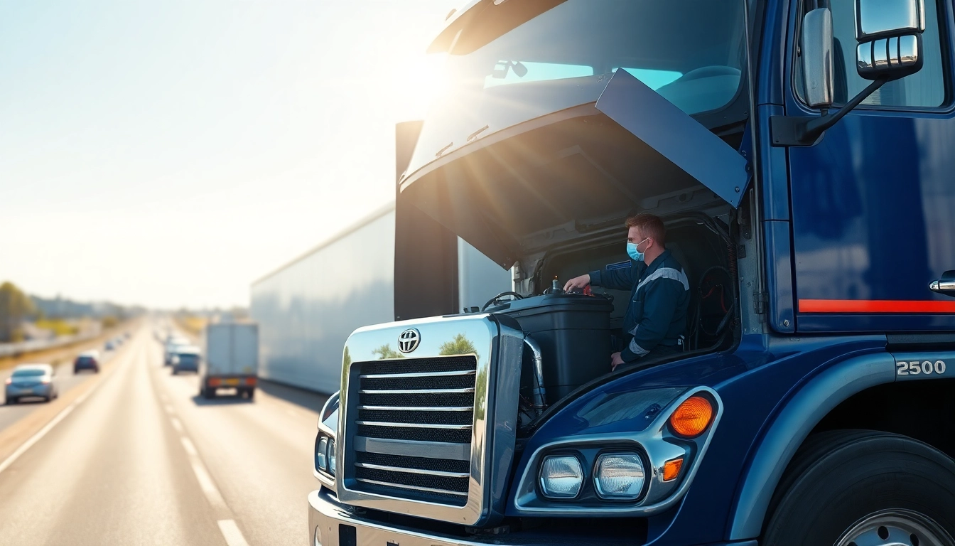 Inspecting battery replacement for heavy trucks on the road in a busy setting.