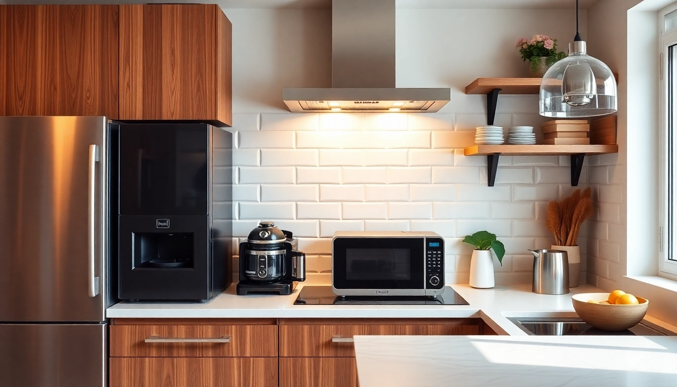 Showcase affordable kitchen appliances arranged in a modern kitchen setting with elegant finishes.