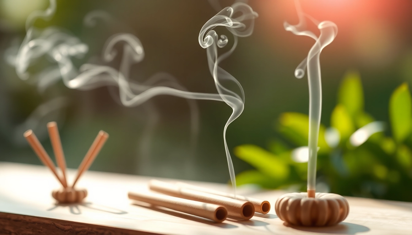Incenses for cleansing creating a tranquil atmosphere with scented smoke.
