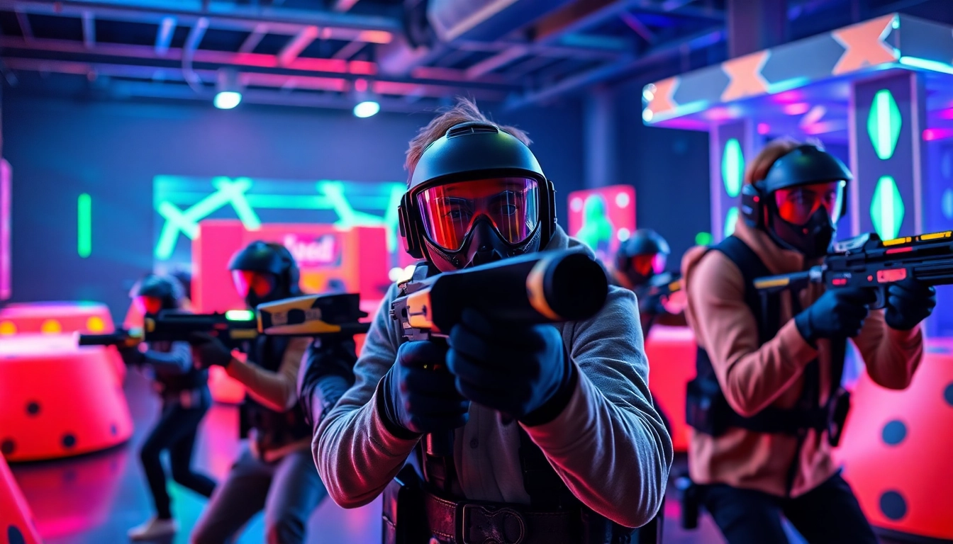Exciting laser tag action in a vibrant arena with players engaging intensely.