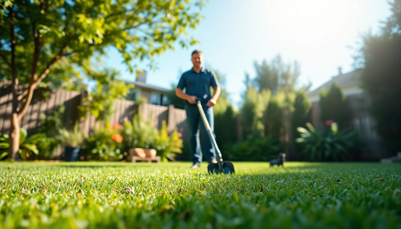 Dog clean up service being performed in a clean backyard by a friendly technician using a pooper scooper.