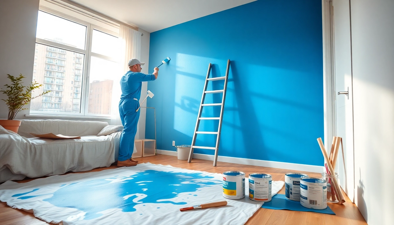 Painter enhancing the interior painting of a modern living room with vibrant blue.
