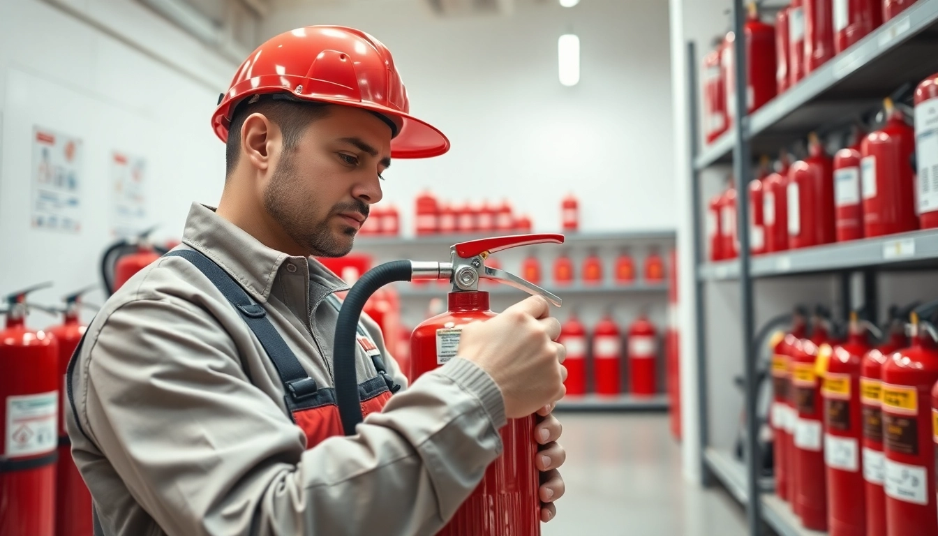 Fire extinguisher servicing Cannock with a technician inspecting an extinguisher in a well-lit workshop.