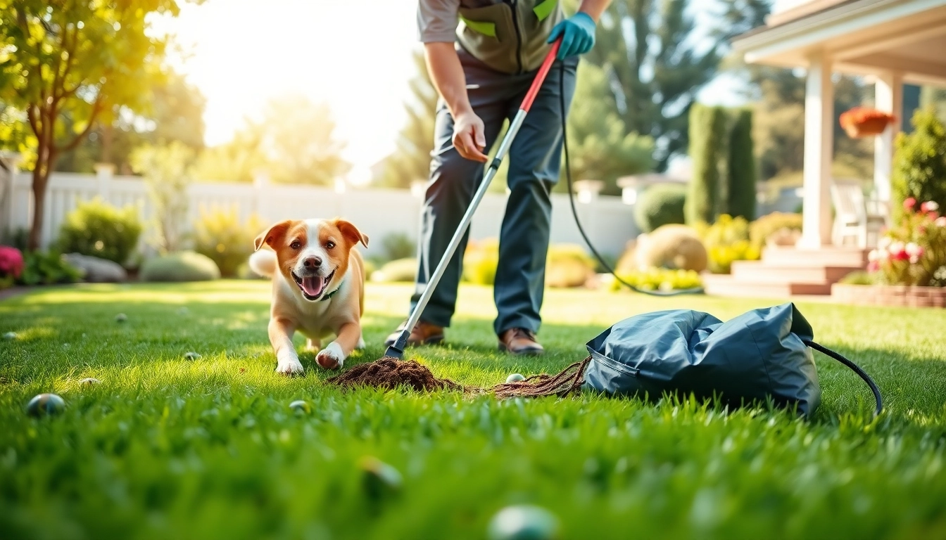 Efficient dog poop cleanup service in a lush backyard setting, showcasing professional care and a happy pet.