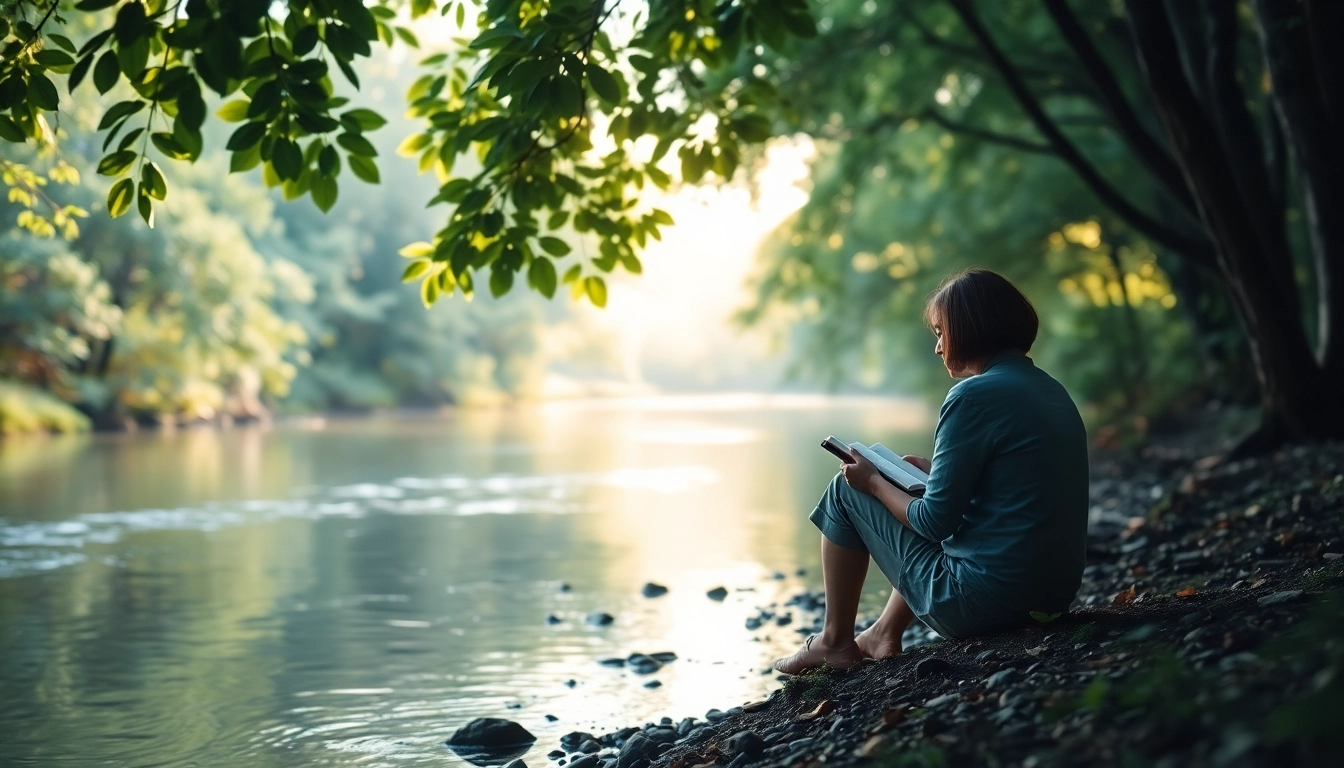 Person dealing with grief by reflecting and journaling by a tranquil river.