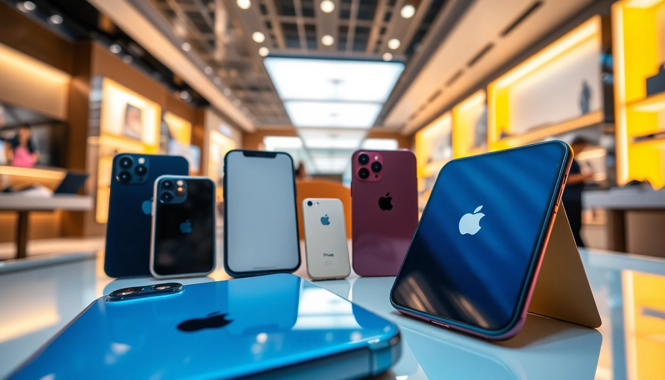 Buy iPhone models showcased in a modern retail environment highlighting key features.