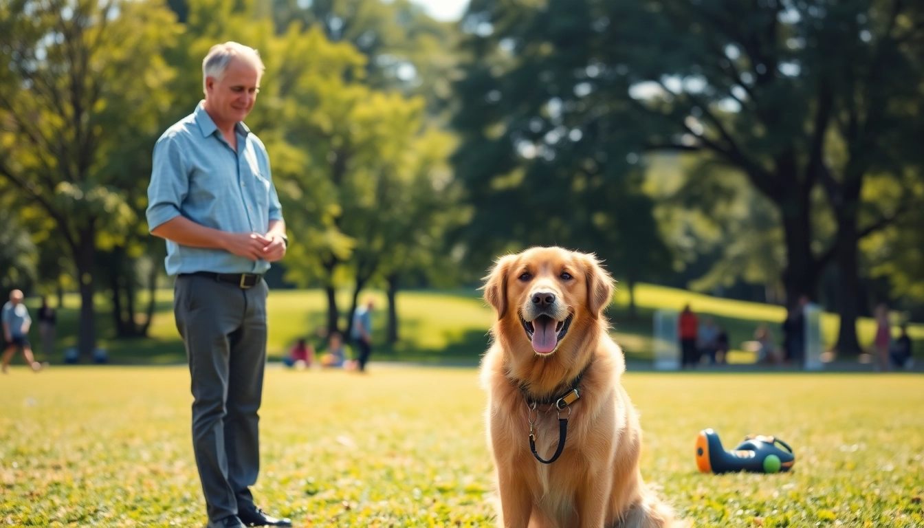 Engaging dog training session in Irvine with a trainer and a golden retriever focused on positive techniques.