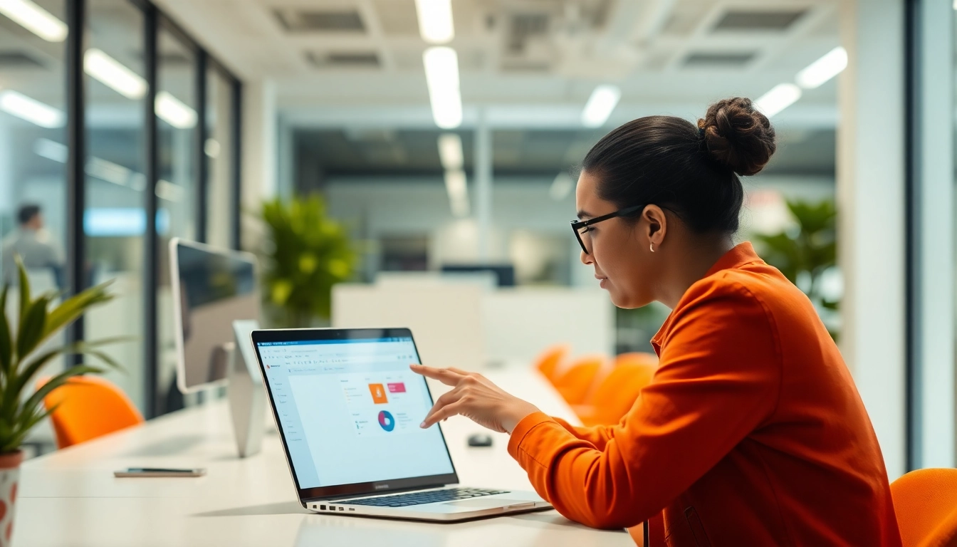 Engage with the quickq官网 platform in a modern office environment, highlighting productivity.