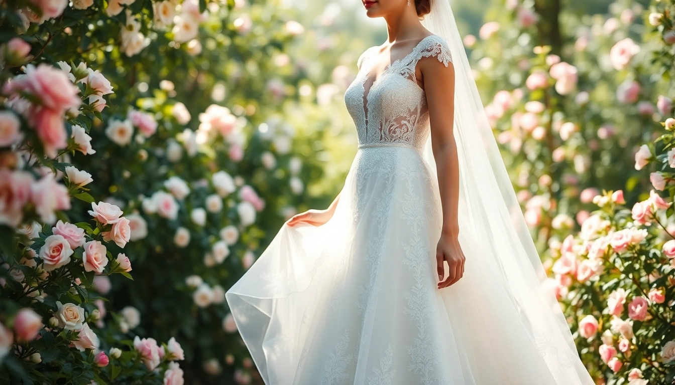 Model in a graceful lace wedding dress showcases elegance in a blooming garden.