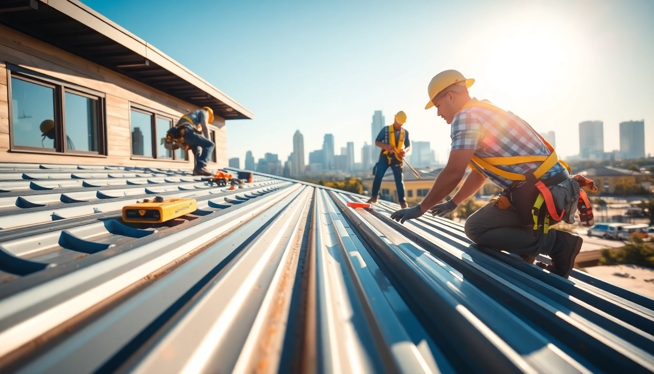 Engaging metal roofing installation Austin scene, featuring expert team at work on a modern home.