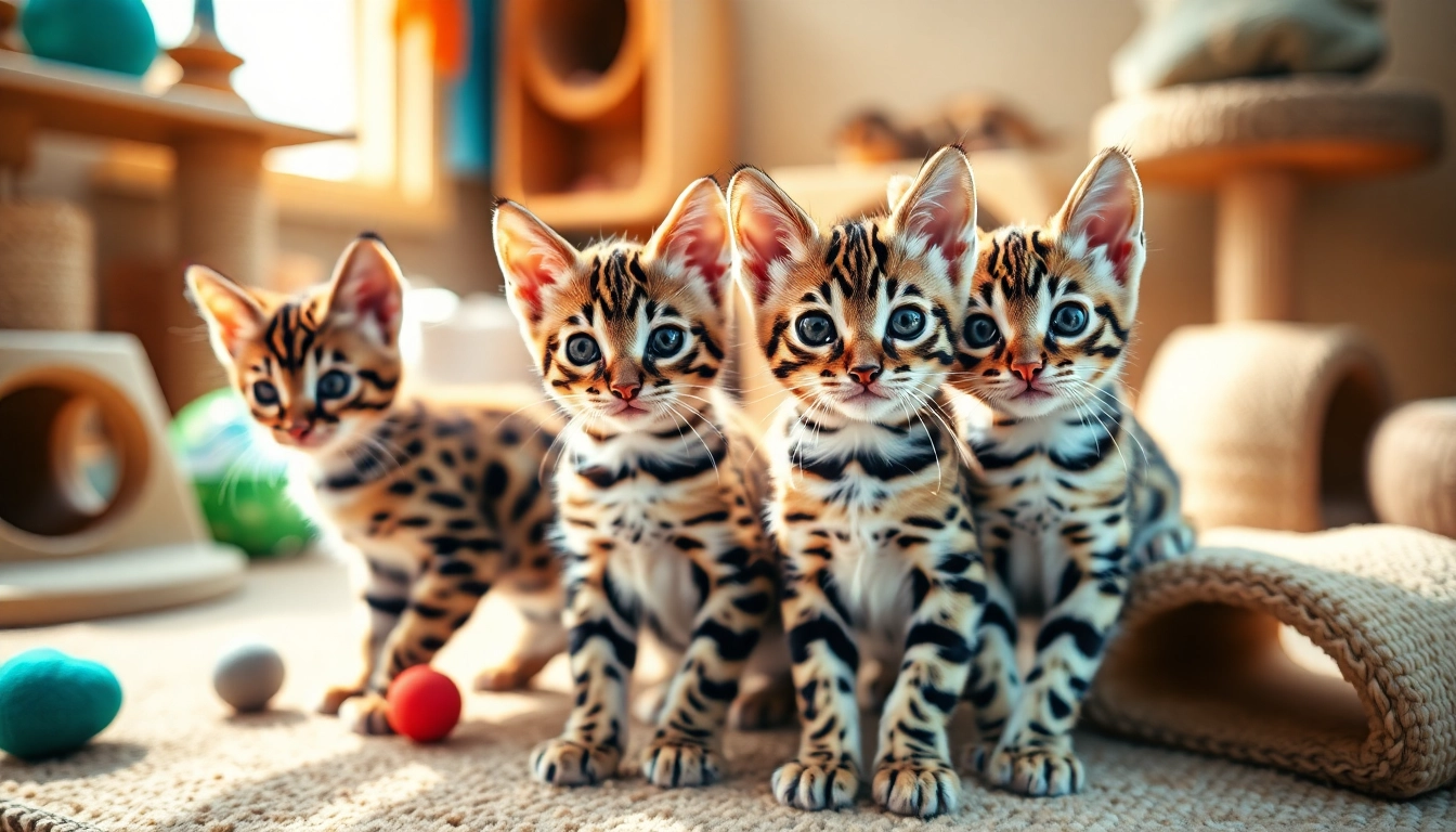 Playful Bengal Kittens for Sale showcasing unique coat patterns in a warm, inviting cattery