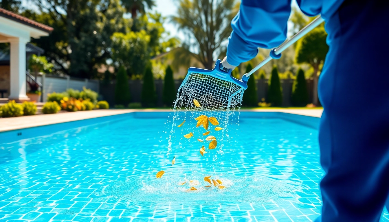 Pool cleaning service near me with a technician cleaning a residential pool in sunny surroundings.