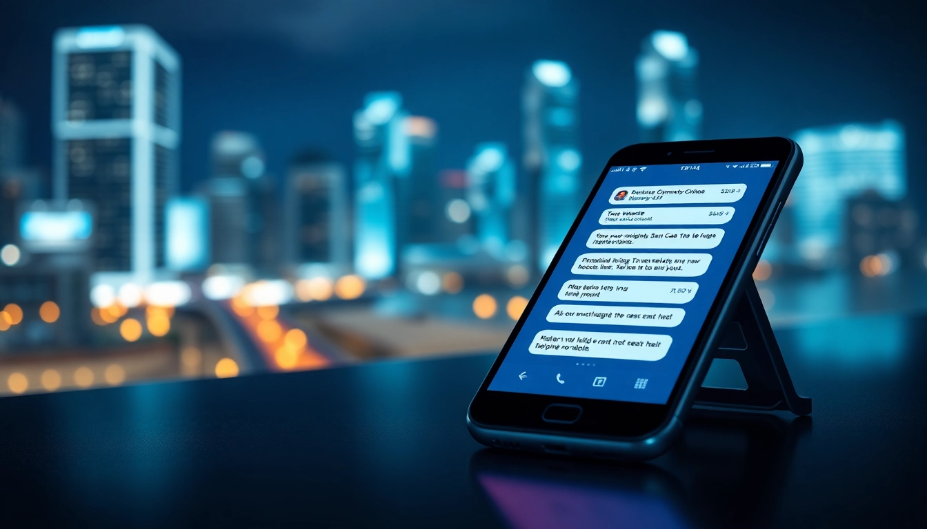 View of SMSPVA service on a smartphone displaying SMS messages in a tech-oriented city.