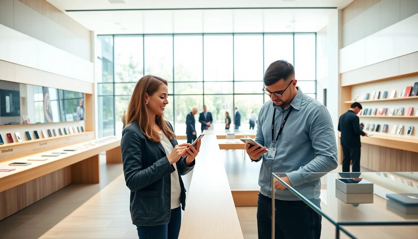 Engaging customer experience while looking to buy iPhone at a modern Apple store.