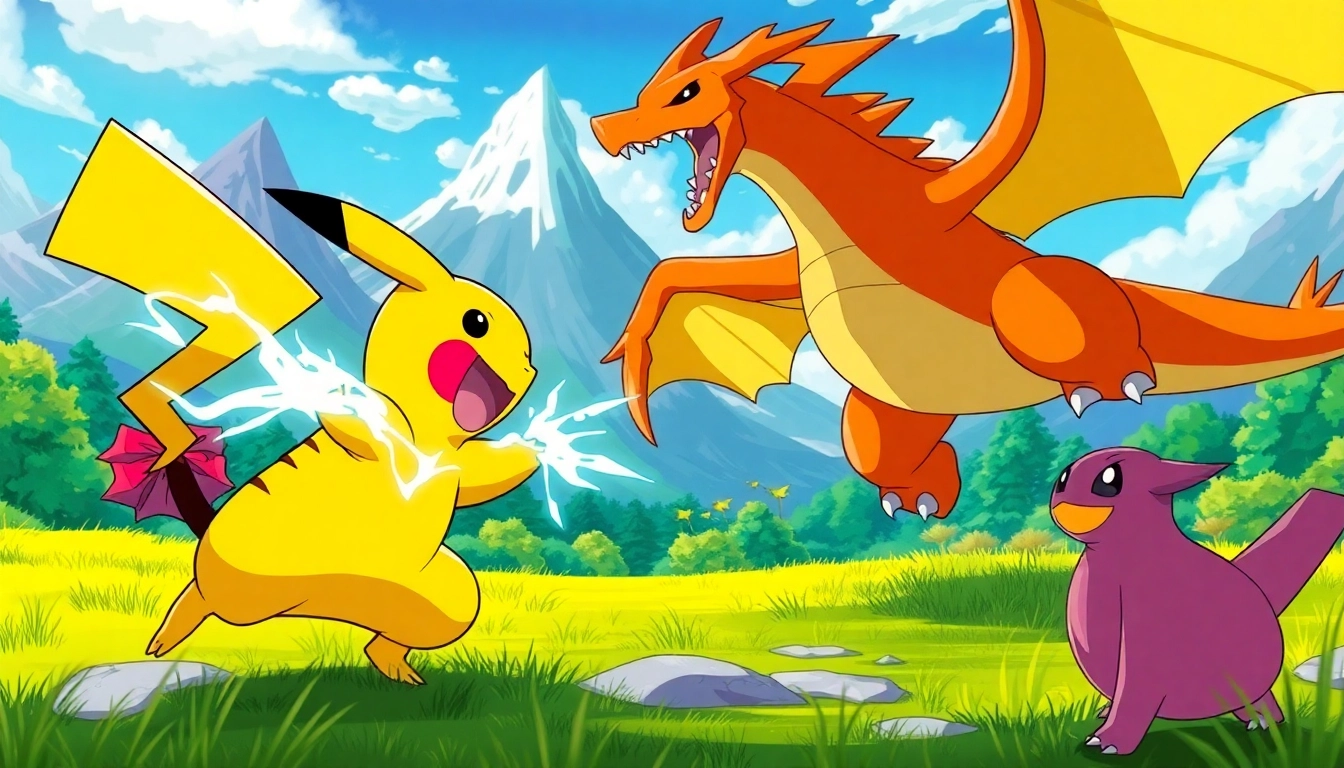 Engaging Pokémon characters like Pikachu and Charizard in an exciting battle scene.