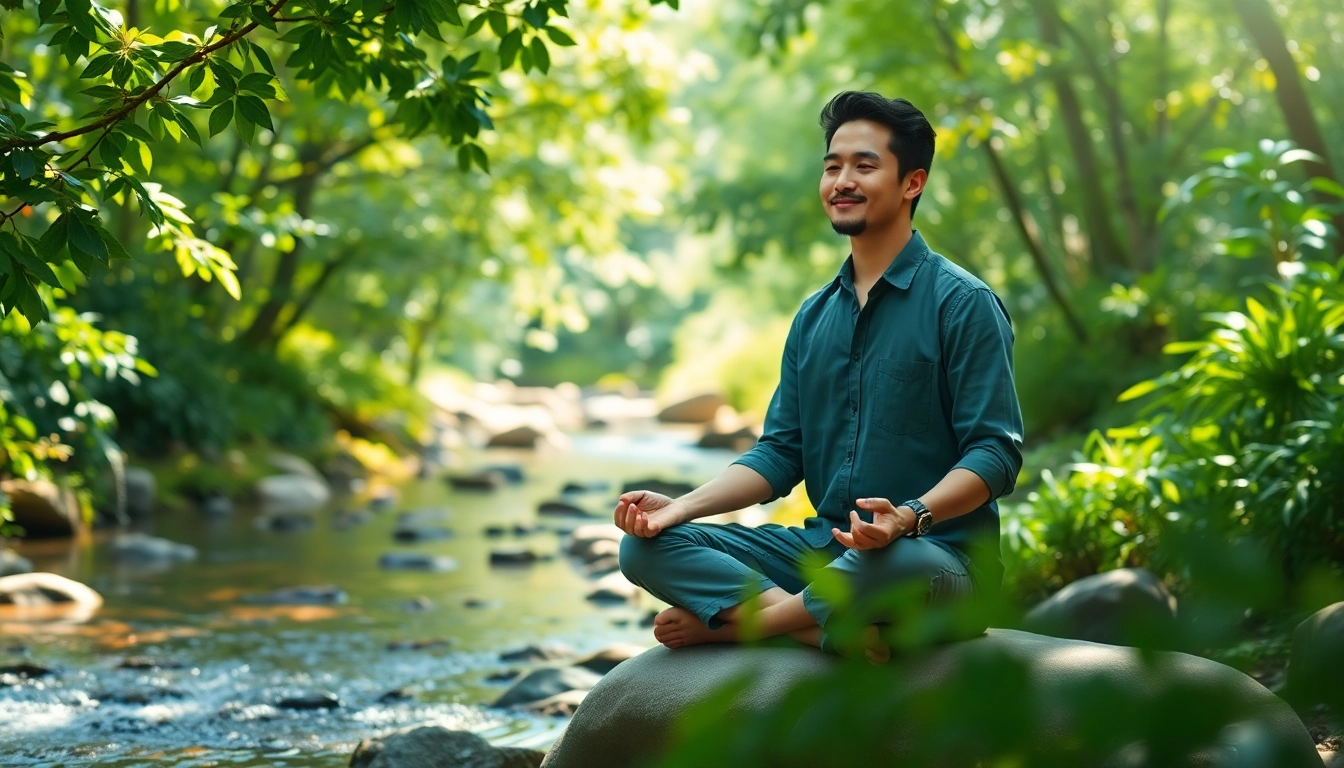 Practicing mindfulness techniques to effectively deal with stress in a serene natural environment.