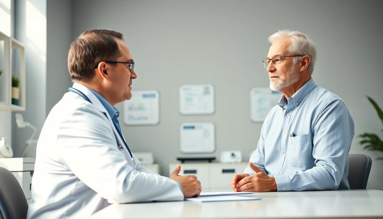 Discussing Testosterone Replacement Therapy with a healthcare provider in a clinic setting.