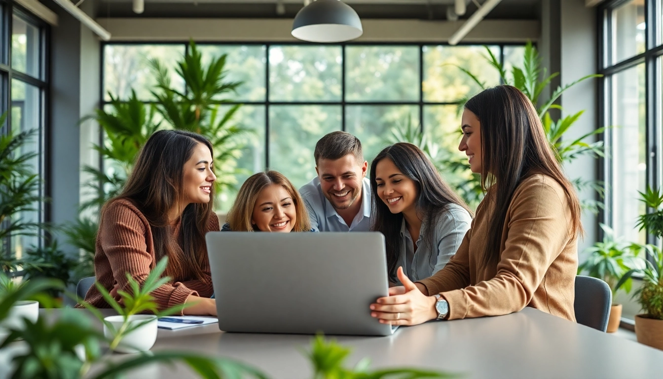 Cannabis marketing agency team brainstorming in a bright office environment, showcasing collaboration and creativity.
