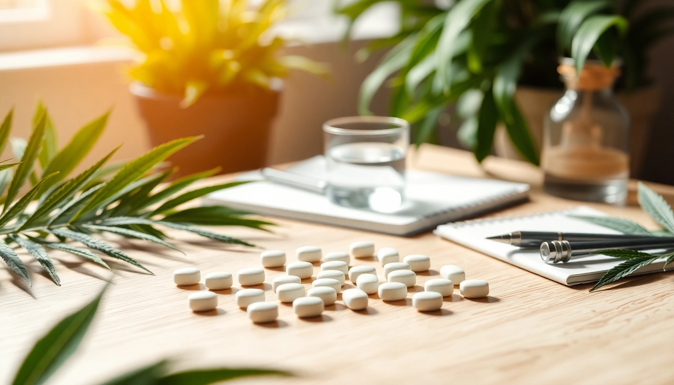 Display of cbd tablets on a wooden table, fostering a tranquil and inviting atmosphere.