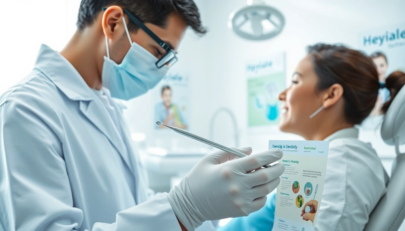 Demonstrating proper hygiene practices in a dental setting with a dentist and patient.