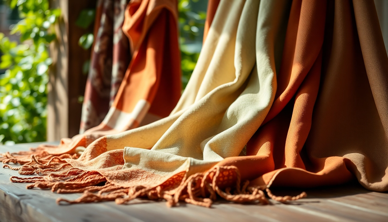 Showcasing vibrant vela scarves with intricate designs elegantly arranged on a wooden surface.