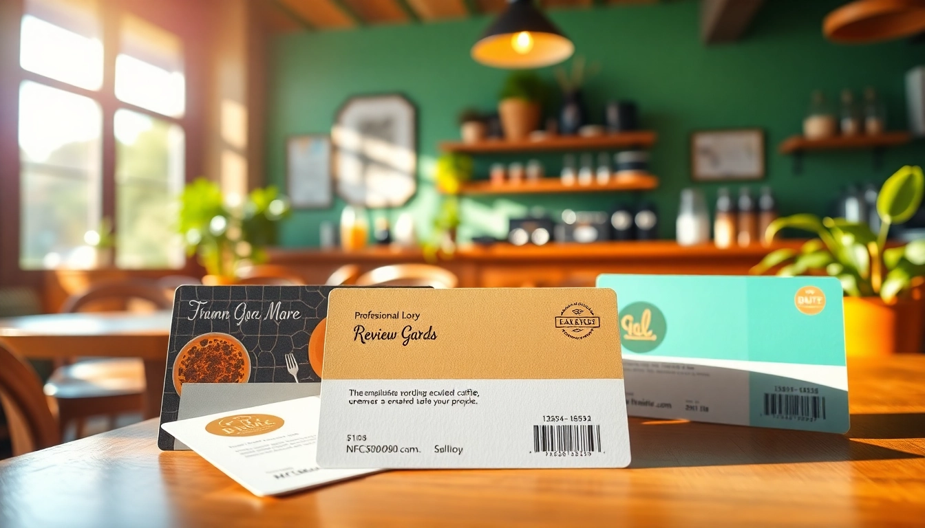 Engaging design of reviewcardsgoogle NFC-enabled cards displayed in a café setting