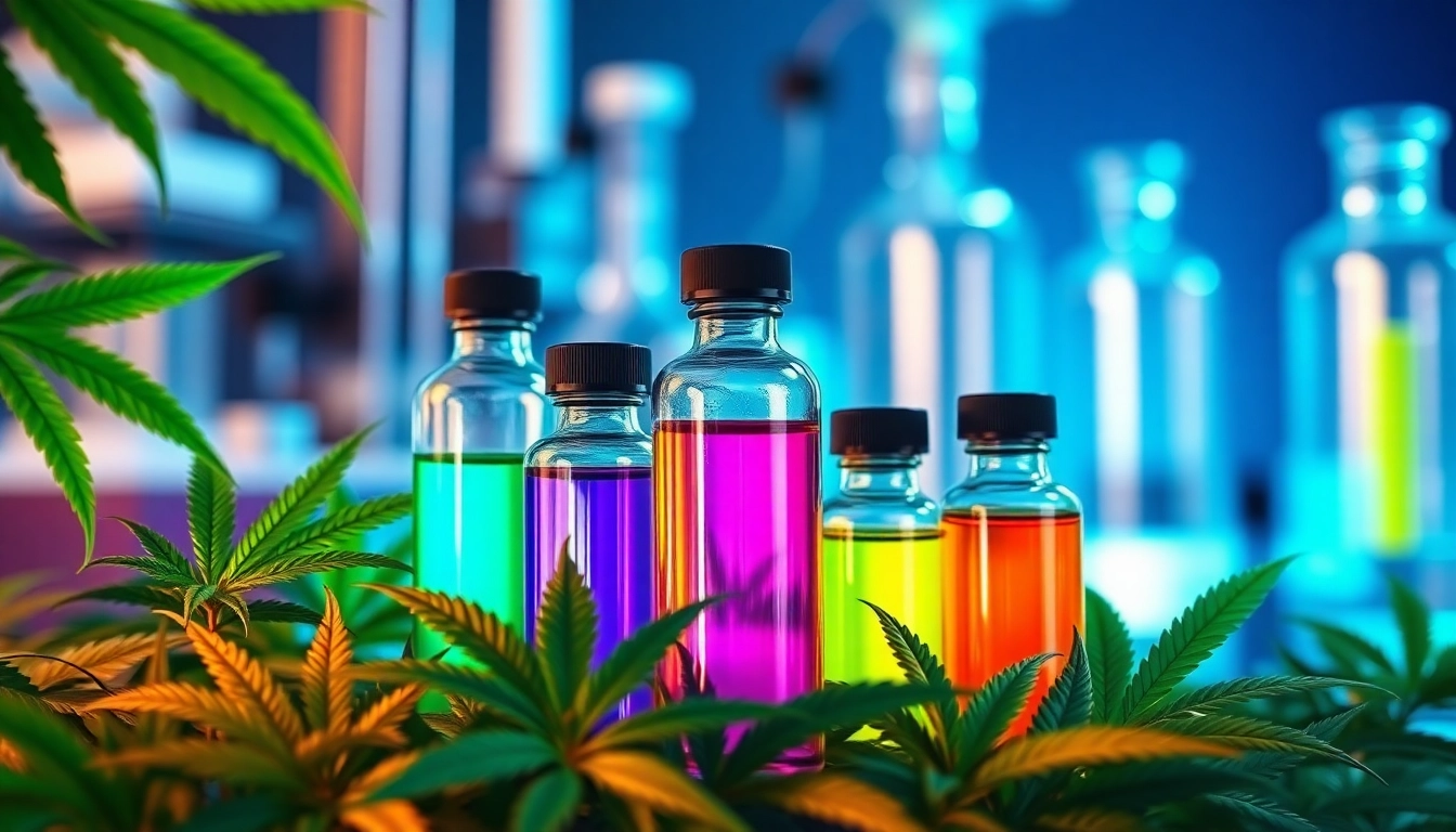 Visual representation of synthetic cannabinoids in colorful lab bottles with cannabis leaves