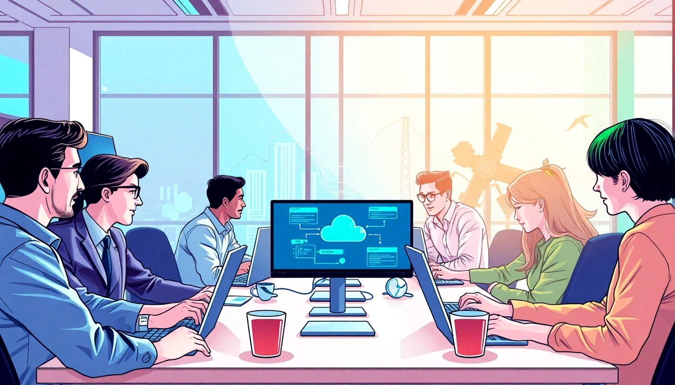 Showcase of cloud infrastructure and DevOps services with a diverse team collaborating in a vibrant office.