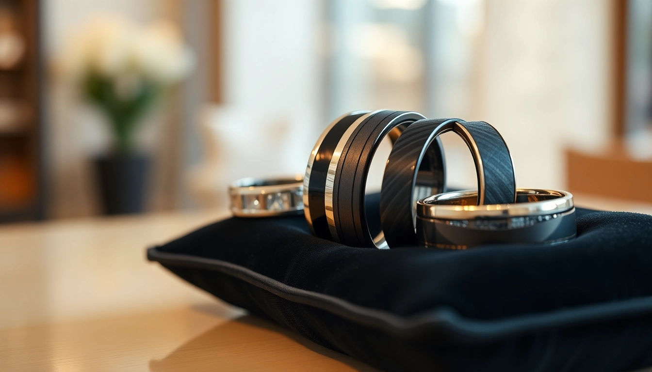 Showcasing a variety of men's wedding bands with luxurious designs and textures.