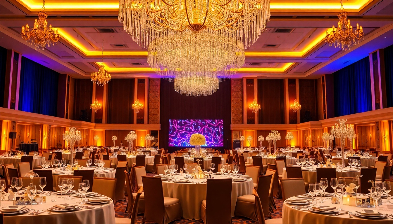 Experience elegance at le prestige hall with sophisticated banquet arrangements and ambient lighting.