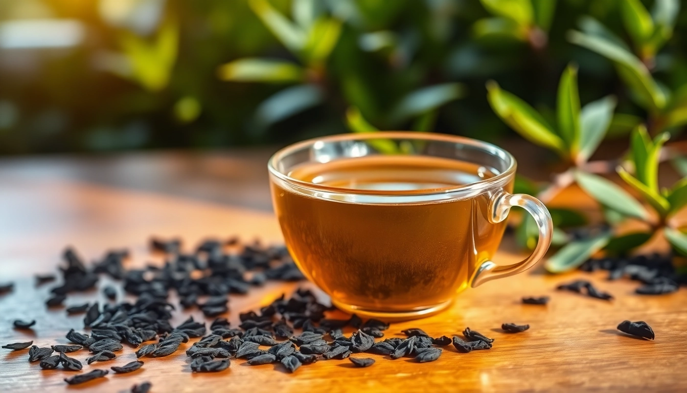 Enjoy a relaxing moment with loose leaf black tea in an elegant porcelain cup amidst tea leaves.