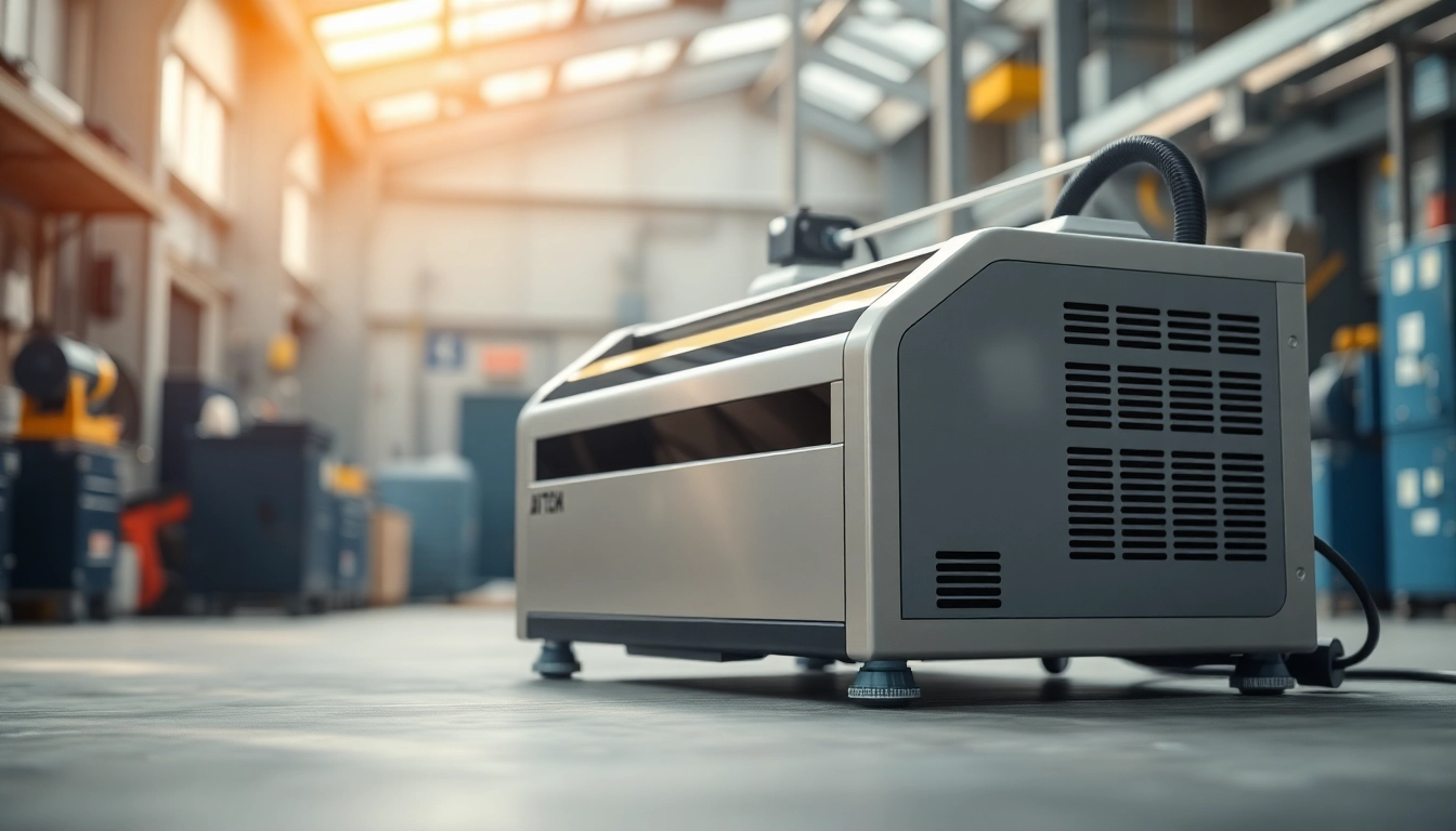 Laser cleaning machine highlighted in a bright workshop, showcasing advanced technology and professionalism.