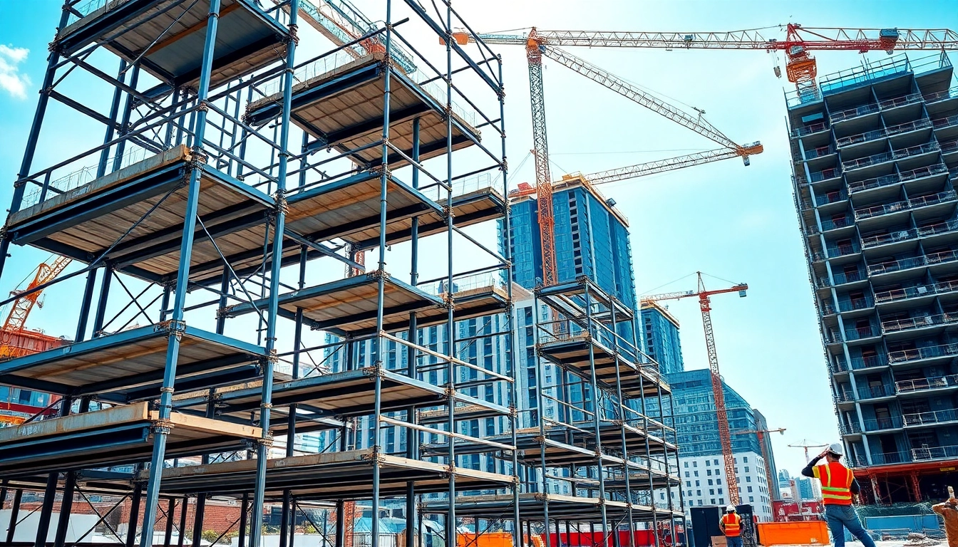 Workers installing Whangarei scaffolding at a vibrant urban construction site under bright lighting.