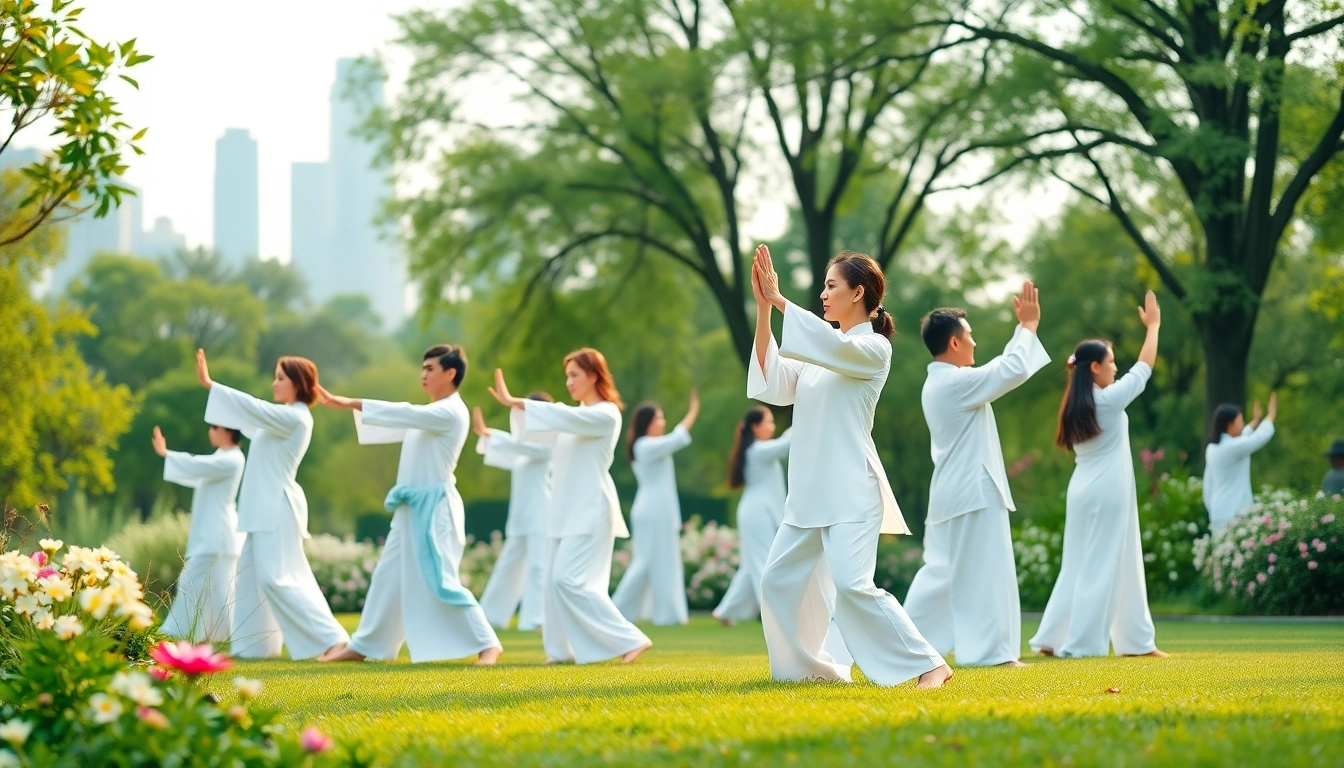 Experience calming Tai Chi Los Angeles practice in a serene park with practitioners in elegant movements.
