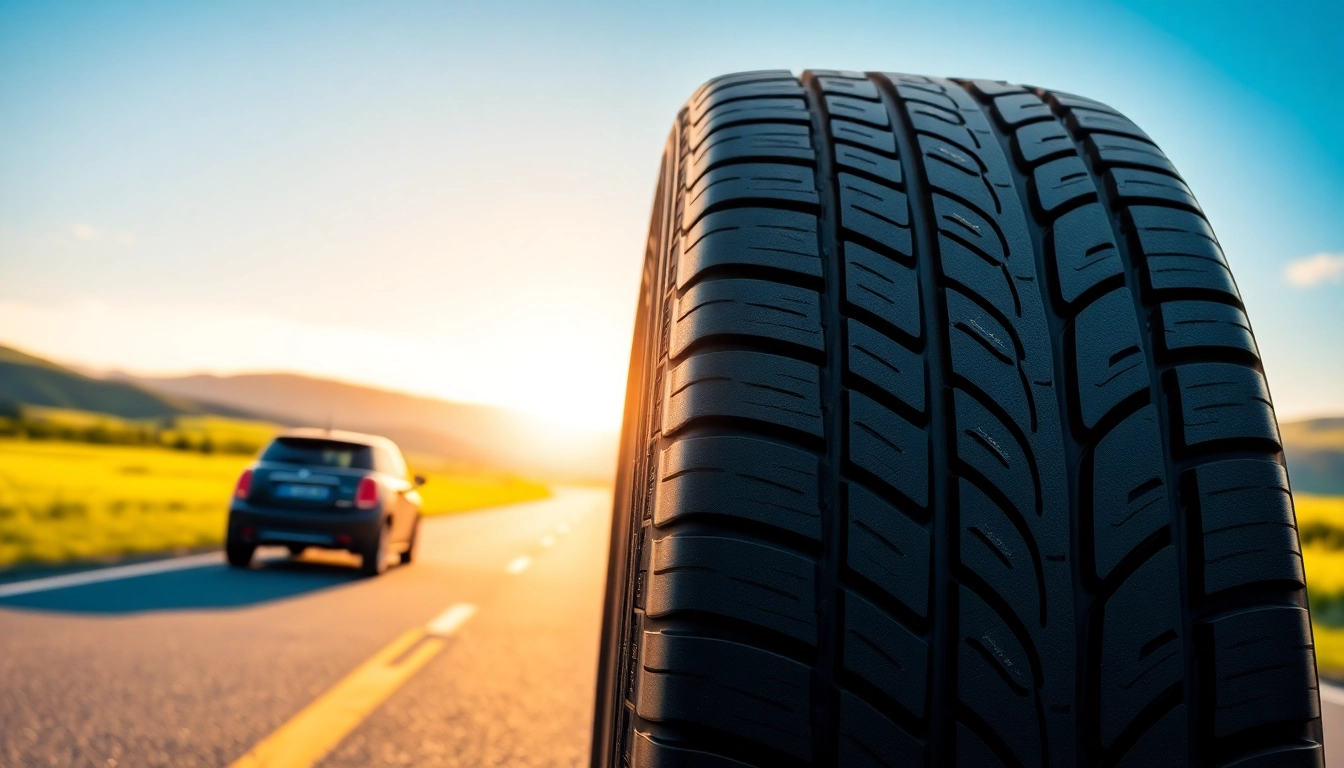 Showcasing General tires with detailed tread patterns against a scenic backdrop, emphasizing durability.