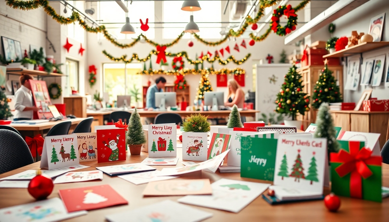 Create same day Christmas cards with colorful designs on a festive table.