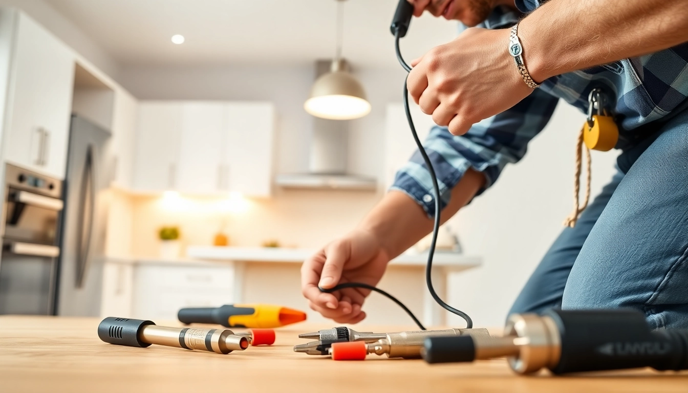 Electrician providing Electrical Service installation in a modern kitchen.