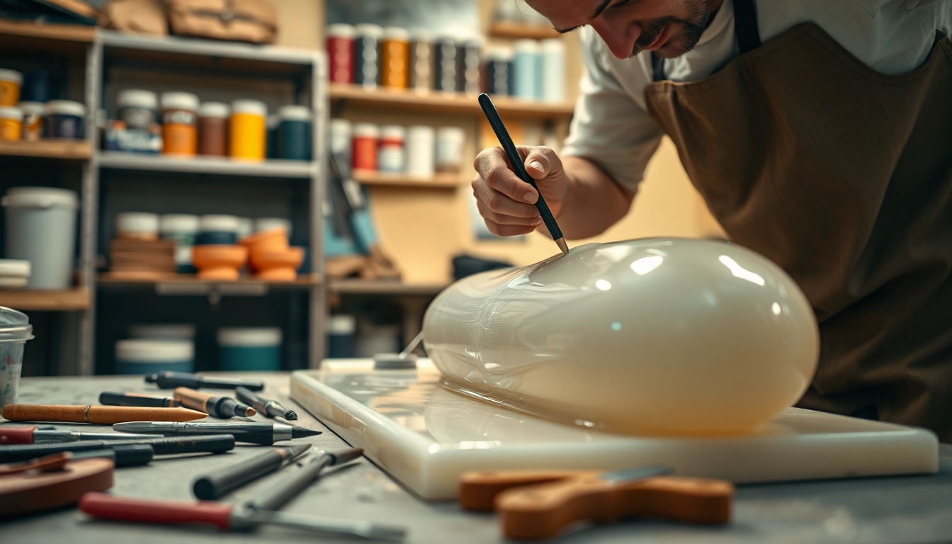 Laminating resin being expertly applied by a craftsman with detailed texture and tools in a workshop setting.