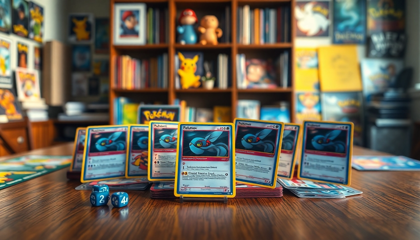 Showcase of real pokemon cards displaying vibrant colors and details on a collector's table