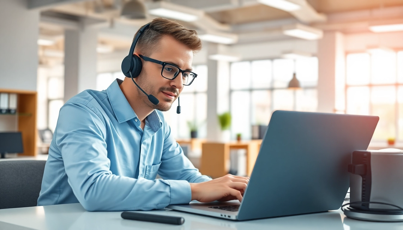 Providing expert computer support with a technician analyzing device issues in a modern office.