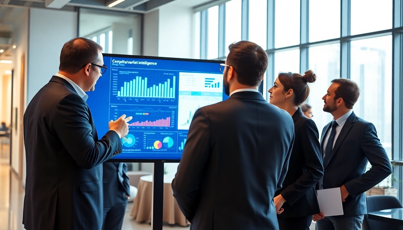 Analyze competitive intelligence data collaboratively in a modern office setting.