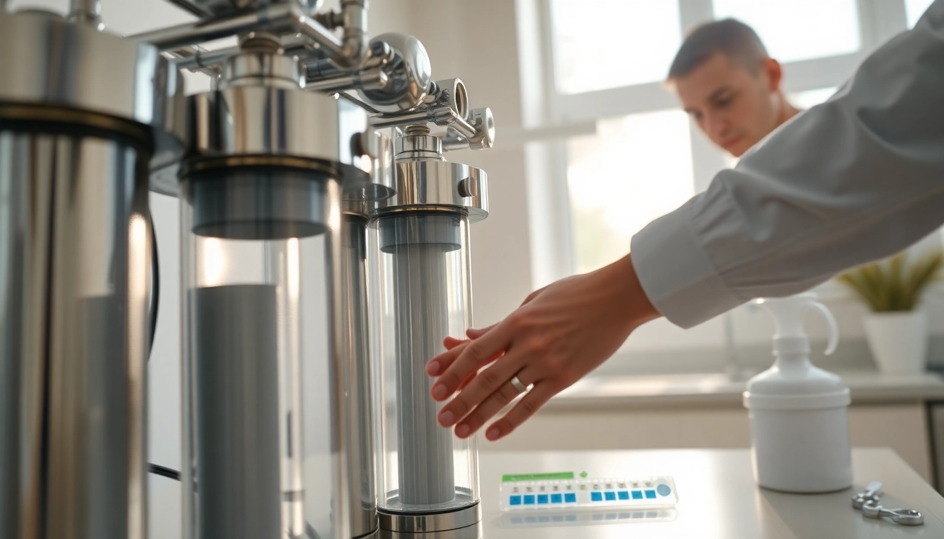 Reverse osmosis company technician inspecting a modern water filtration system.