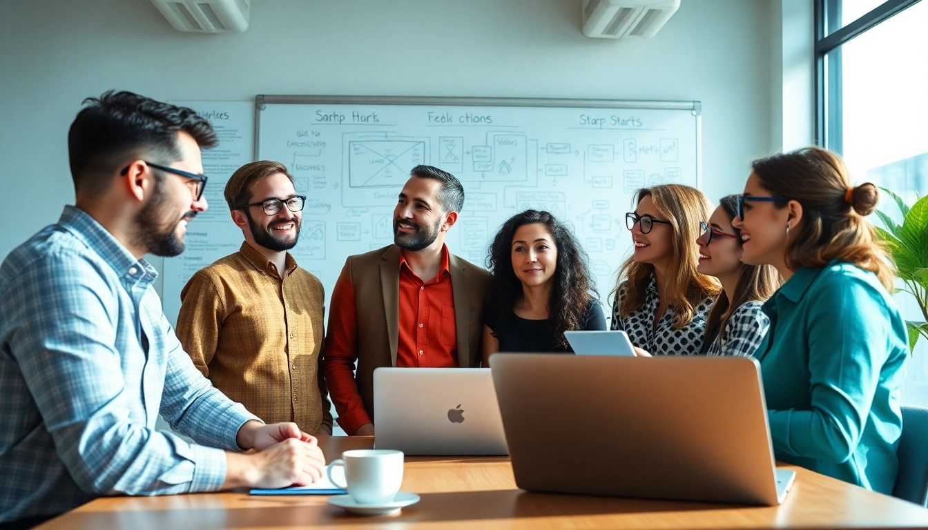 Discuss strategies to Launch Successful Startup with a diverse team brainstorming in an office.