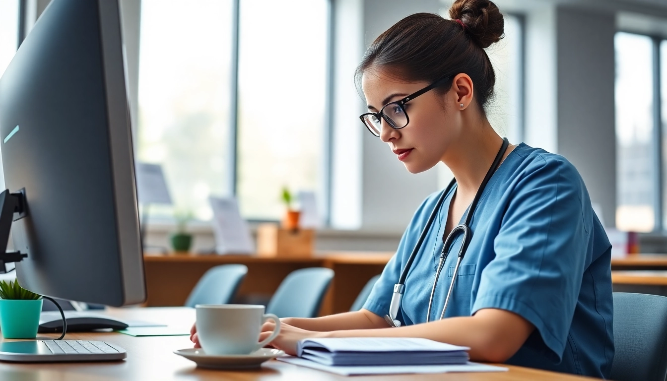 Engaged nurse learning about rn ceus in a bright classroom, focused on a computer.