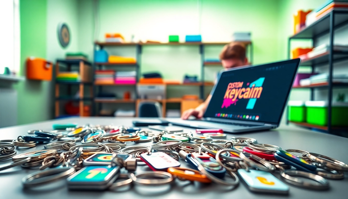 Design unique keychain custom pieces in a modern workshop with vibrant colors and professional atmosphere.