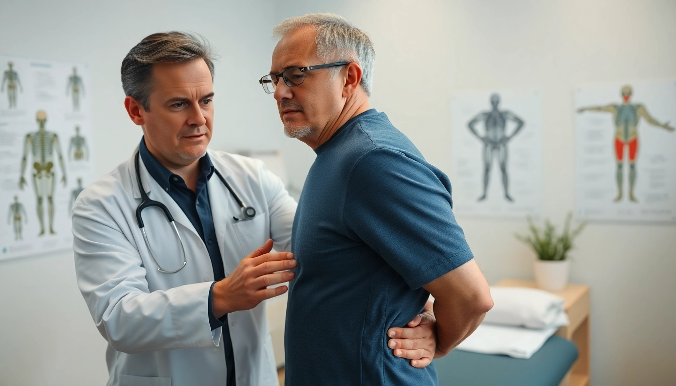 Bei einem Bandscheibenvorfall zeigt der Physiotherapeut eine Technik zur Wirbelsäulenjustierung.